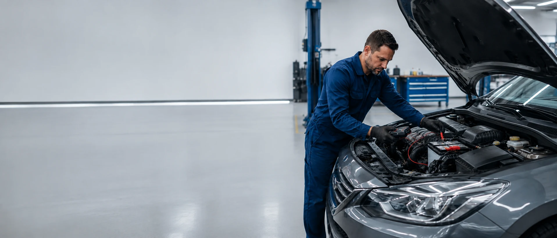 Instalação de bateria em automóvel com capô aberto