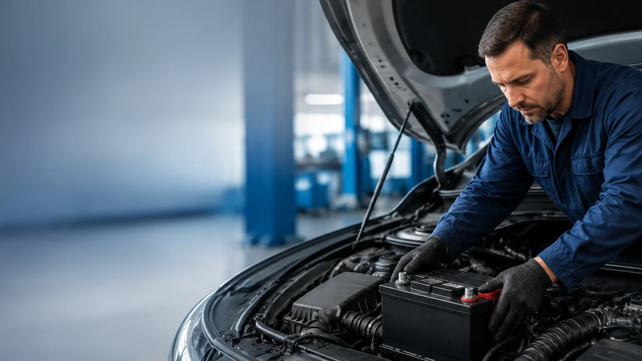 Serviço técnico realizado na bateria de um automóvel