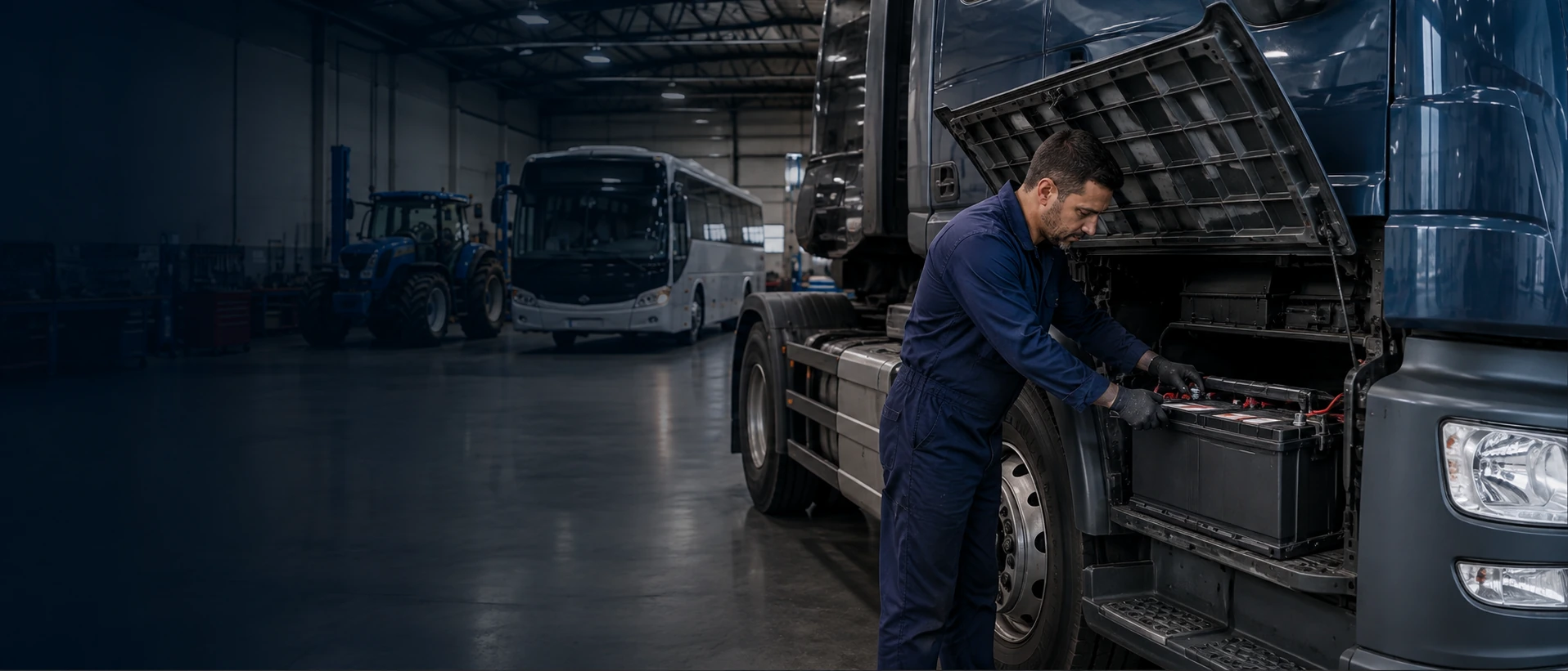 Mecânico realizando manutenção na bateria de caminhão com ônibus e trator ao fundo